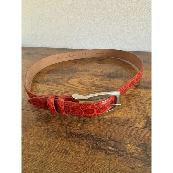 Vintage Charles Jourdan Red Leather Faux Croc design Belt  Size 70/Small - Italy - Picture 1 of 10